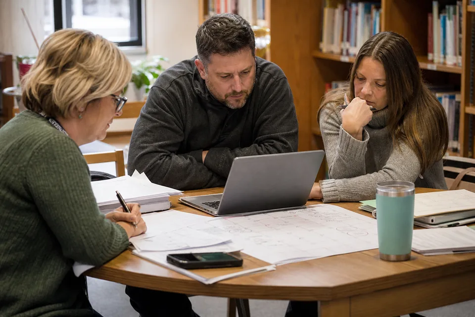Principal, math coach and teacher reviewing printed student work and a pilot calendar at a library table