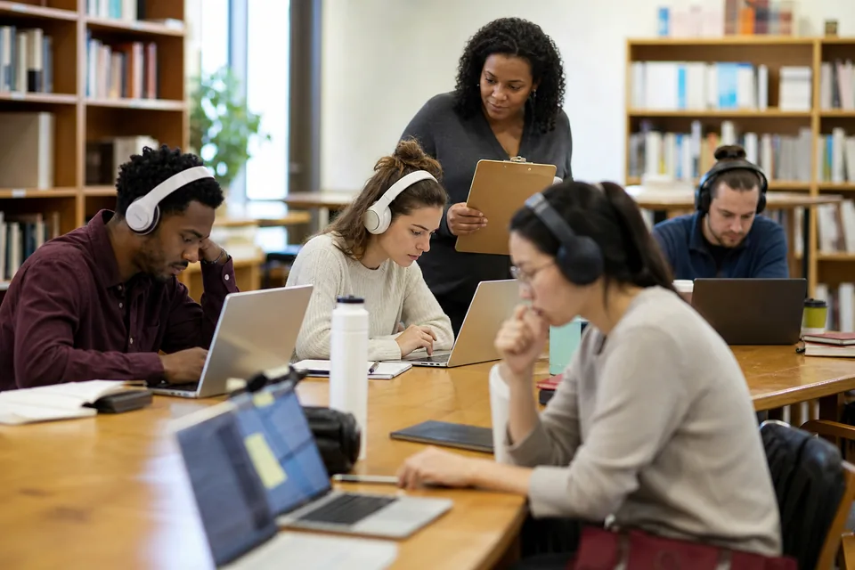 Learners working on laptops at a library table while a teacher with a clipboard checks one screen