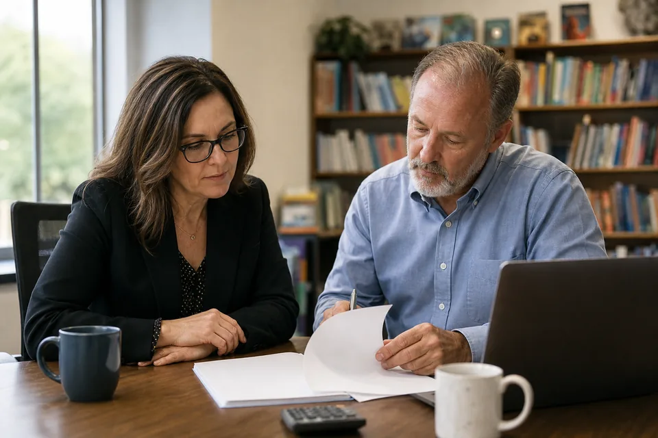Literacy director and business manager reviewing a software renewal at a conference table