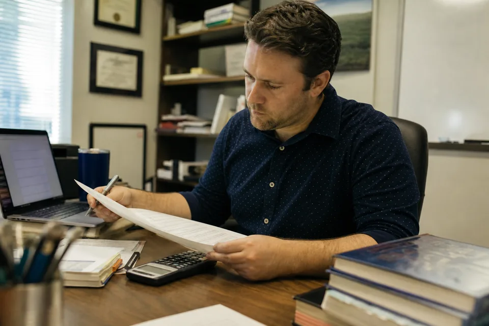 Math department lead comparing a printed annual license renewal quote at a desk