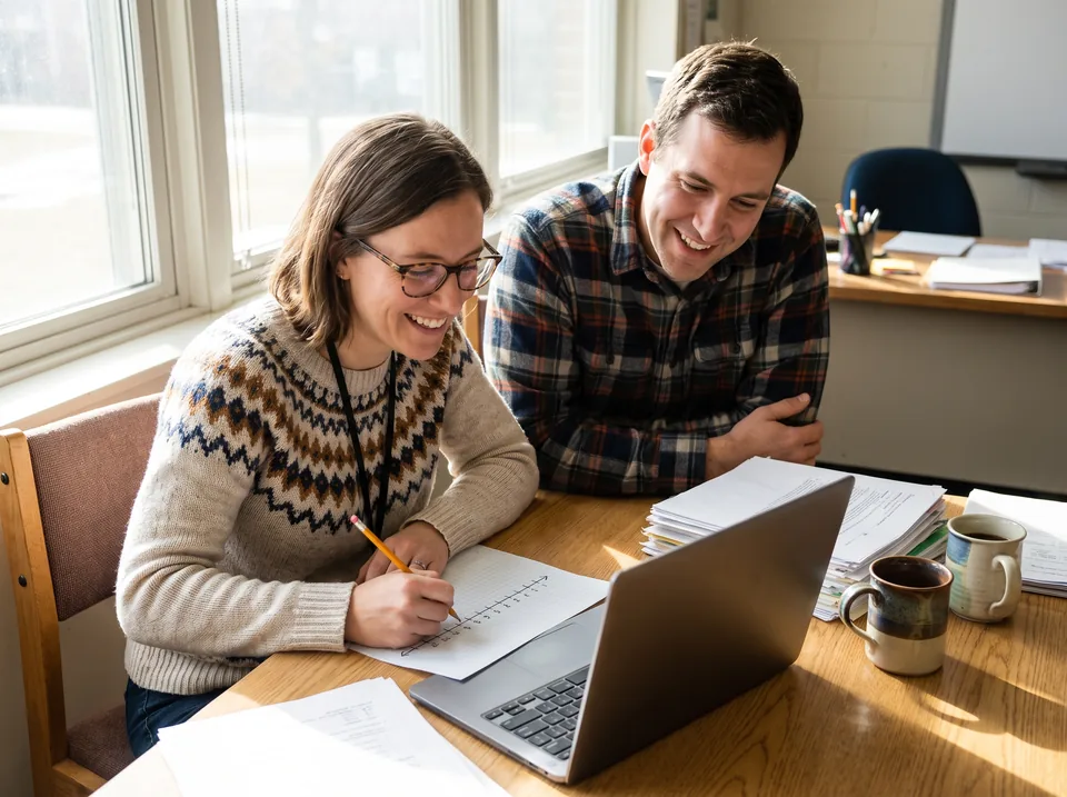 Two math teachers planning a reteach lesson together at a laptop in a school workroom