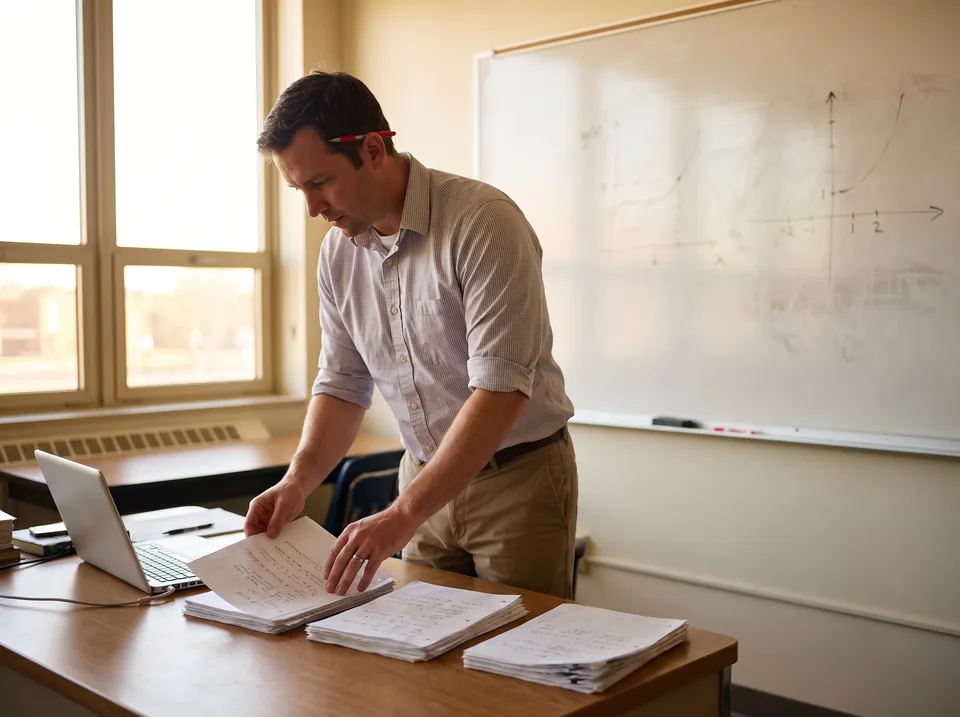 High school math teacher sorting a stack of student quizzes by the error each student made