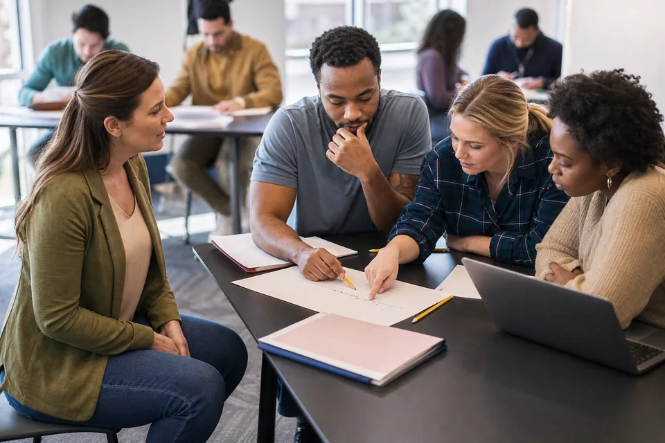 Math teacher sitting beside a small group working through a problem on paper