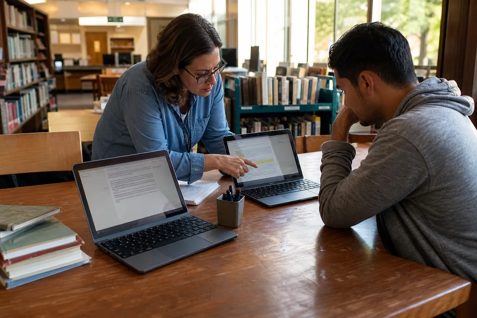 Reading specialist pointing at a highlighted passage on a laptop at a library table with open Chromebooks and a cart of paperback novels