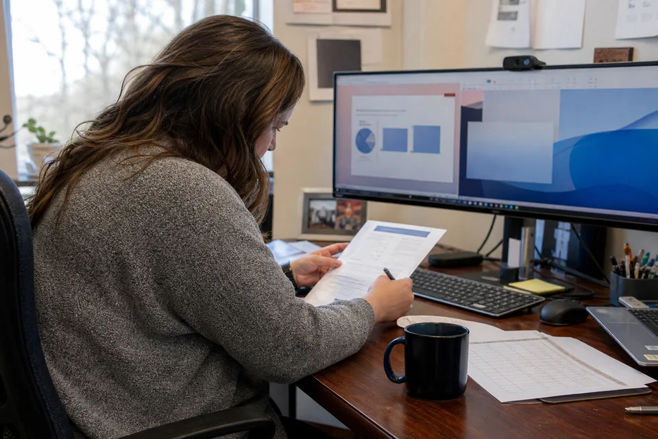 Instructional technology coordinator comparing a printed license renewal quote with slides on a monitor