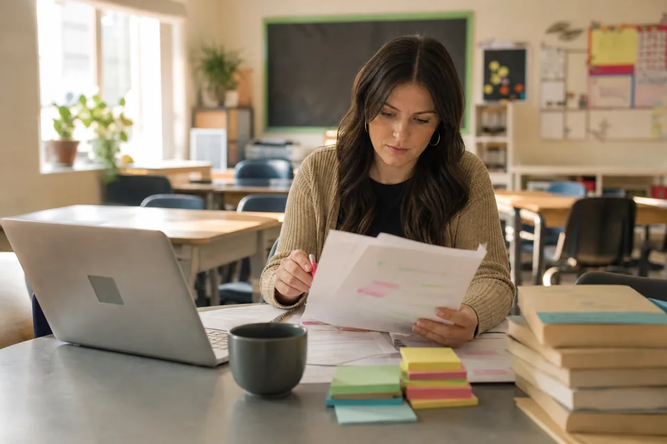 Reading specialist at a desk reviewing annotated reading responses beside a laptop