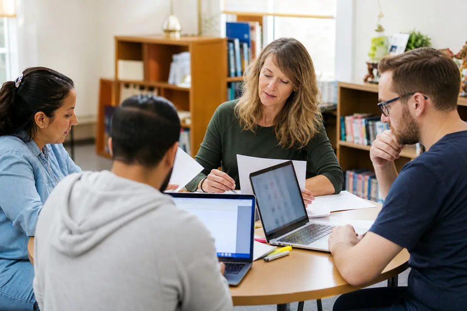 Reading teacher at a small table working through printed passages with a group on laptops