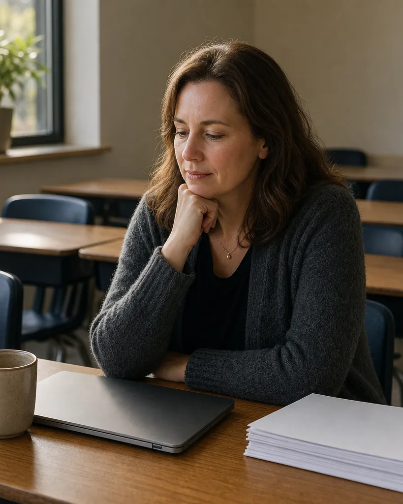 Teacher at her desk in an empty classroom after the last lesson