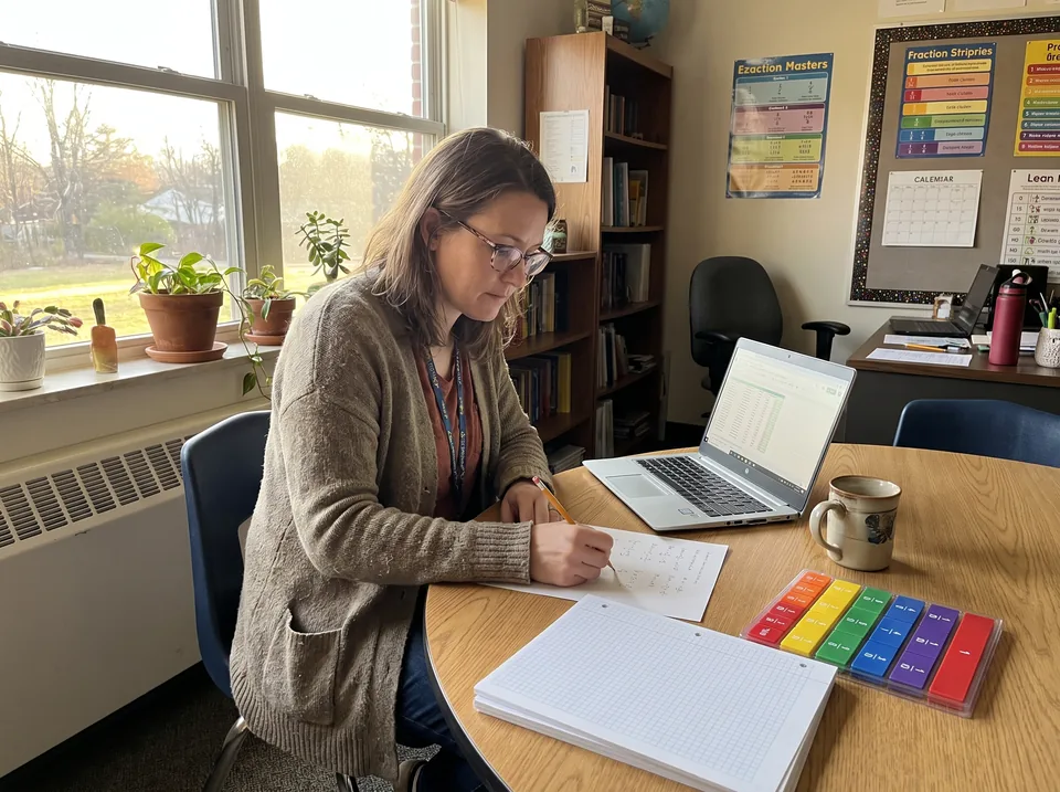 Math interventionist reviewing a student's written working next to a laptop