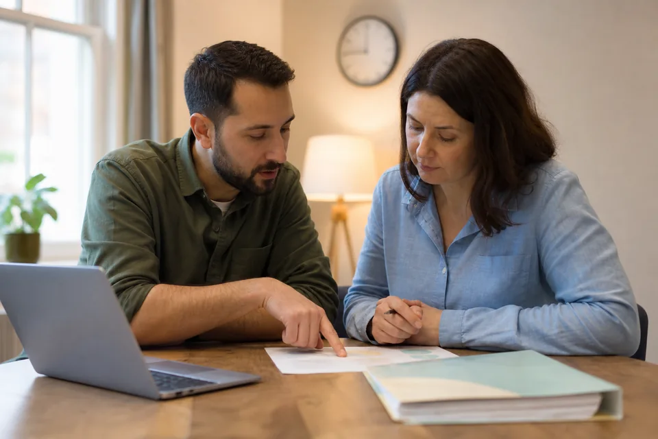 Tutor sitting one to one with a learner over a worksheet at a small table